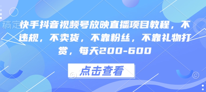 快手抖音视频号放映直播项目教程，不违规，不卖货，不靠粉丝，不靠礼物打赏，每天200-600-E网资源
