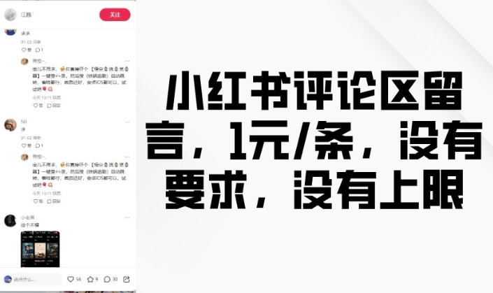 小红书评论区留言，1元条，没有要求，没有上限-E网资源