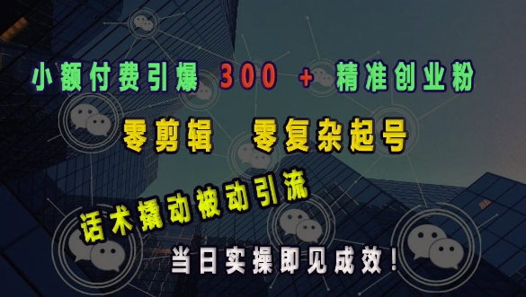 小额付费引爆 300 + 精准创业粉，零剪辑、零复杂起号，话术撬动被动引流，当日实操即见成效-E网资源