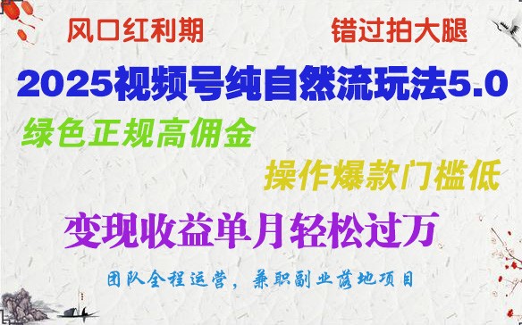 2025视频号纯自然流玩法5.0，绿色正规高佣金，操作爆款门槛低，变现收益单月轻松过万-E网资源