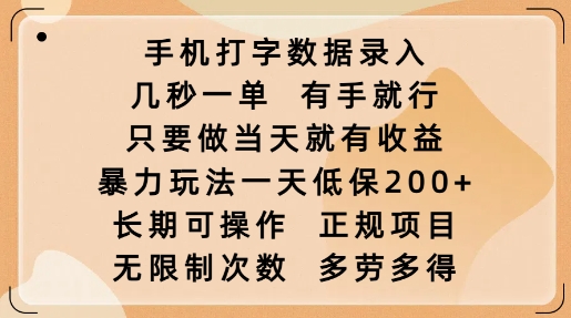手机打字数据录入,几秒一单,有手就行,只要做当天就有收益,暴力玩法一天低保2张-E网资源
