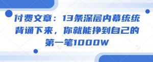 付费文章：13条深层内幕统统背诵下来，你就能挣到自己的第一笔1000W-E网资源