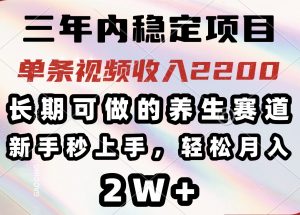 三年内稳定项目，长期可做的养生赛道，单条视频收入2200，新手秒上手，...-E网资源