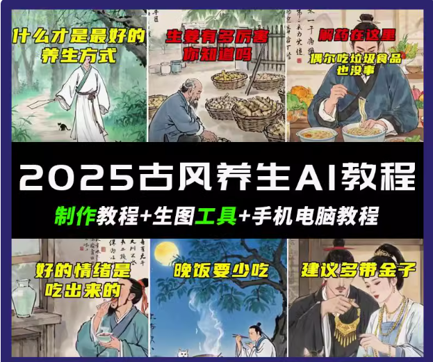 抖音AI古风养生视频教程日入五张 轻松涨粉 10W+-E网资源