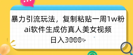 暴力引流玩法，复制粘贴一周1w粉，ai软件生成仿真人美女视频，日入多张-E网资源