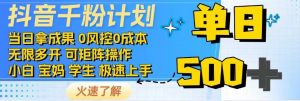 抖音千粉计划，日入500+，包落地，当日拿成果-E网资源