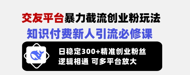 交友平台暴力截流创业粉玩法，知识付费新人引流必修课，日稳定300+精准创业粉丝，逻辑相通可多平台放大-E网资源