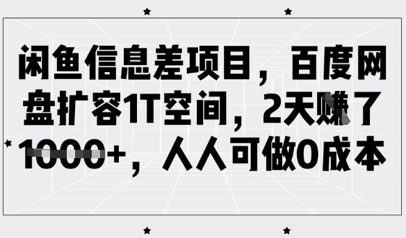 闲鱼信息差项目，百度网盘扩容1T空间，2天收益1k+，人人可做0成本-E网资源