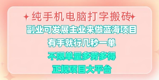 纯手机电脑打字搬砖，有手就行，几秒一单，多劳多得，正规项目大平台【揭秘】-E网资源