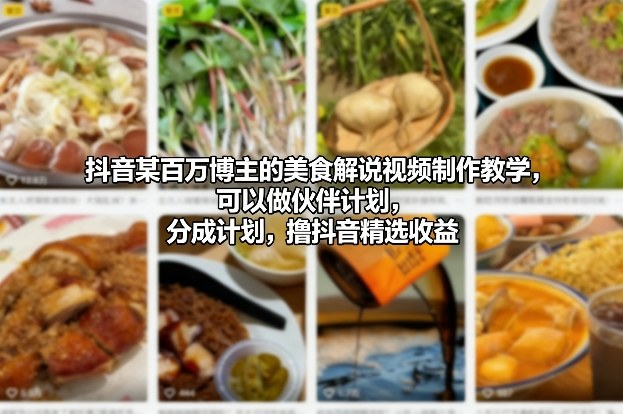 抖音某百万博主的美食解说视频制作教学，可以做伙伴计划，分成计划，撸抖音精选收益(更新)-E网资源