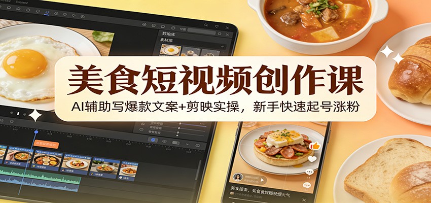 美食短视频创作课：AI辅助写爆款文案+剪映实操，新手快速起号涨粉-E网资源