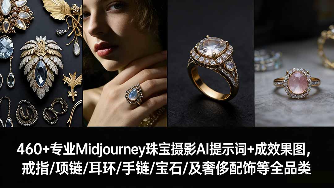 460+专业Midjourney珠宝摄影AI提示词+成效果图,戒指/项链/耳环/手链/宝石/及奢侈配饰等全品类-E网资源