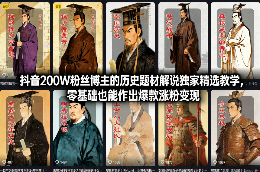抖音200W粉丝博主的历史题材解说独家精选教学，零基础也能作出爆款涨粉变现-E网资源