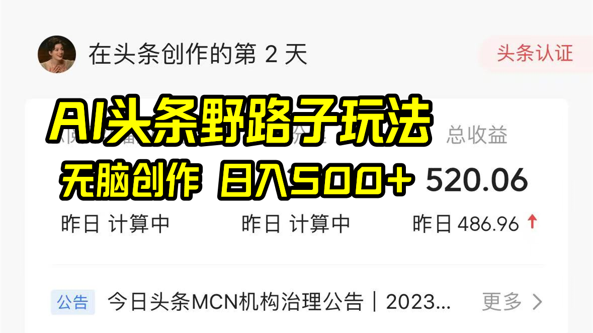 AI头条野路子玩法，无脑创作，日入500+-E网资源