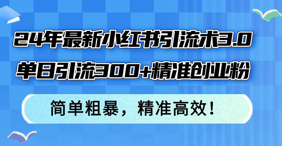 24年最新小红书引流术3.0，单日引流300+精准创业粉，简单粗暴，精准高效！-E网资源