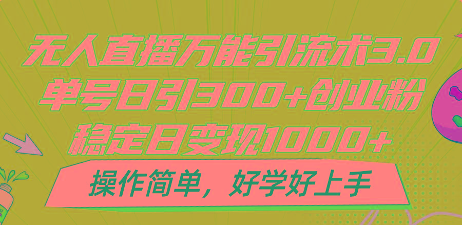 无人直播万能引流术3.0，单号日引300+创业粉，稳定日变现1000+，操作简单-E网资源