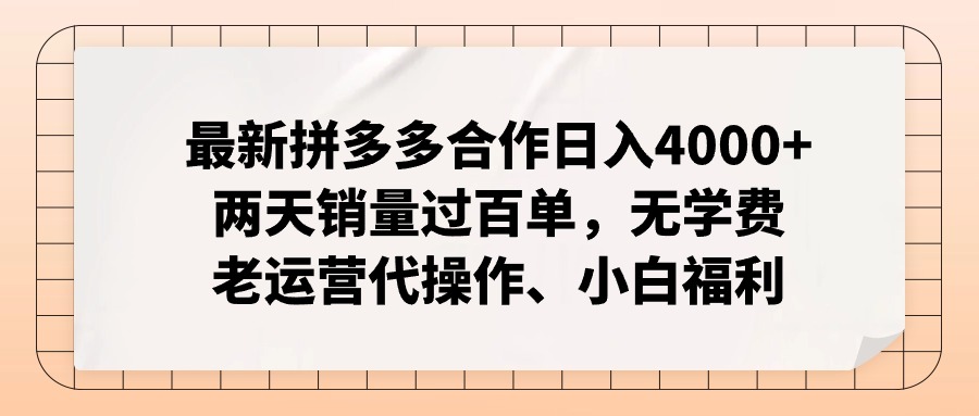 拼多多最新合作日入4000+两天销量过百单，无学费、老运营代操作、小白福利-E网资源