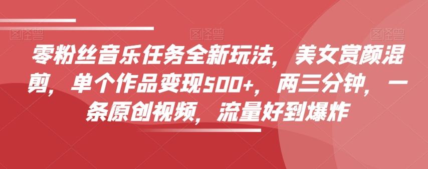 零粉丝音乐任务全新玩法，美女赏颜混剪，单个作品变现500+，两三分钟，一条原创视频，流量好到爆炸-E网资源