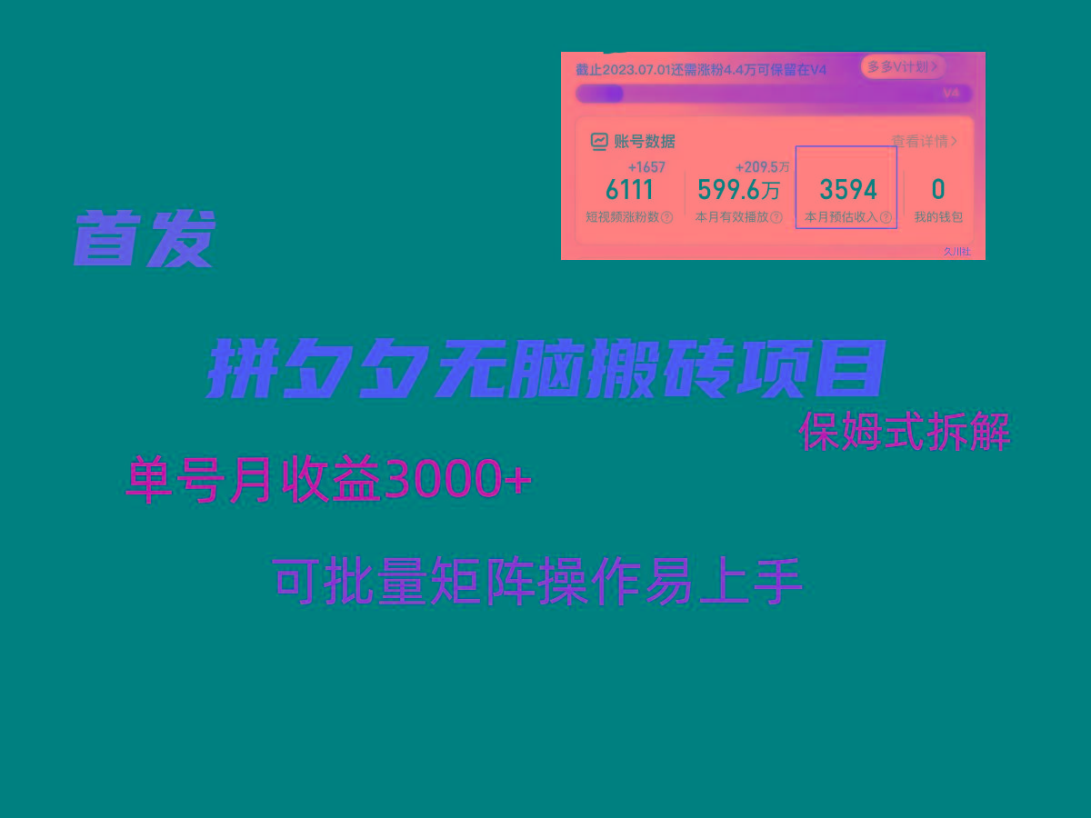 拼夕夕无脑搬砖，单号稳定收益3000+，保姆式拆解-E网资源