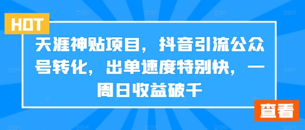 天涯神贴项目，抖音引流公众号转化，出单速度特别快，一周日收益破千-E网资源