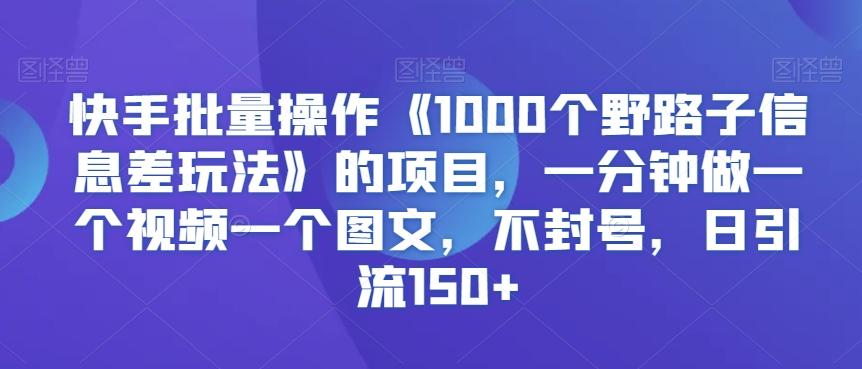 快手批量操作《1000个野路子信息差玩法》的项目，一分钟做一个视频一个图文，不封号，日引流150+【揭秘】-E网资源