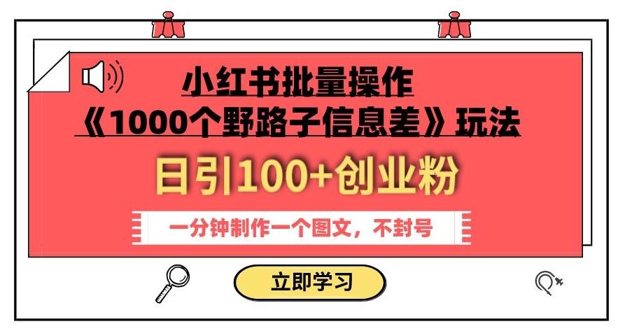 小红书批量操作《1000个野路子信息差》玩法，一分钟制作一个图文，不封号，日引100+创业粉-E网资源