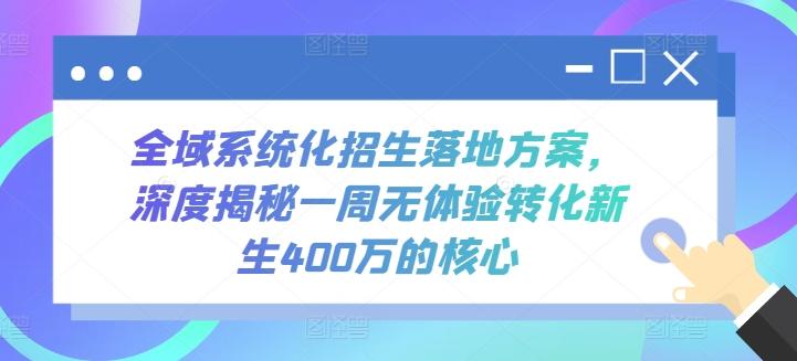 全域系统化招生落地方案，深度揭秘一周无体验转化新生400万的核心-E网资源