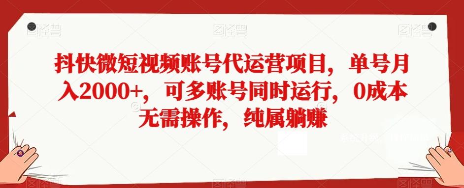 抖快微短视频账号代运营项目，单号月入2000+，可多账号同时运行，0成本无需操作，纯属躺赚【揭秘】-E网资源