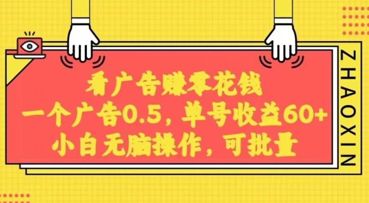 无脑看广告获取收益，一条广告0.5，日稳定60-100+，可批量放大，超级稳定-E网资源