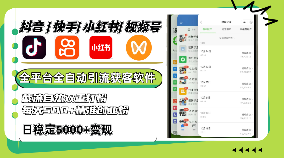 抖音快手小红书视频号全平台全自动引流获客系统，截流自热双重打粉，每天500+精准粉-E网资源