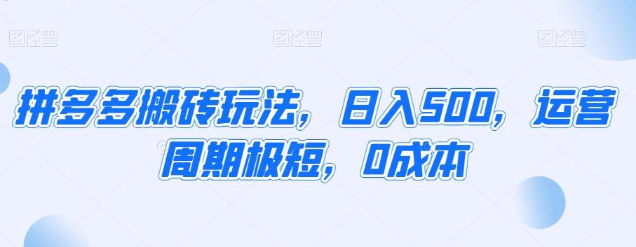 拼多多搬砖玩法，日入500，运营周期极短，0成本-E网资源