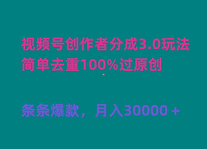 (10002期)视频号创作者分成3.0玩法，简单去重100%过原创，条条爆款，月入30000＋-E网资源