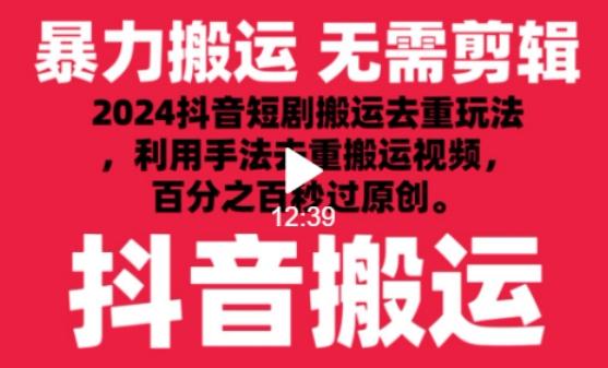 2024最新抖音搬运技术，抖音短剧视频去重，手法搬运，利用工具去重，达到秒过原创的效果【揭秘】-E网资源