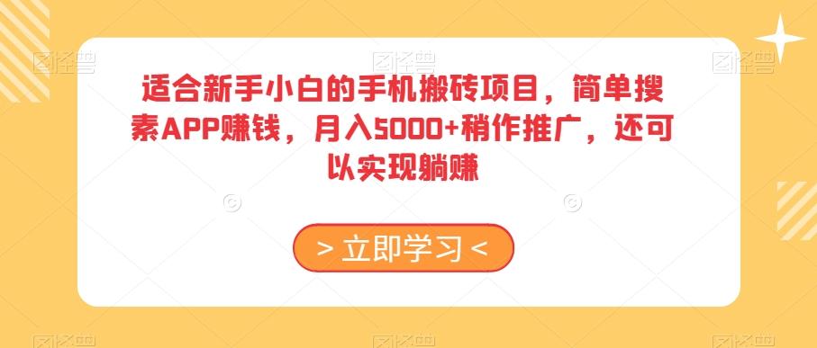 适合新手小白的手机搬砖项目，简单搜素APP赚钱，月入5000+稍作推广，还可以实现躺赚【揭秘】-E网资源