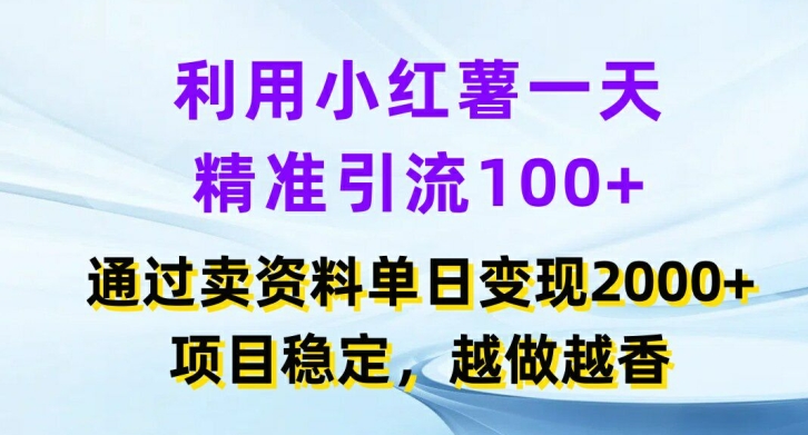 利用小红书一天精准引流100+，通过卖项目单日变现2k+，项目稳定，越做越香【揭秘】-E网资源