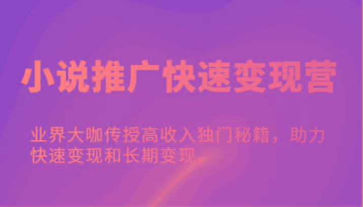 小说推广快速变现营-业界大咖传授高收入独门秘籍，助力快速变现和长期变现。-E网资源
