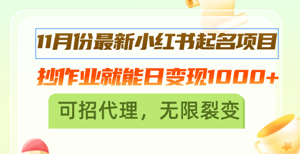 11月份最新小红书起名项目，抄作业就能日变现1000+，可招代理，无限裂变-E网资源