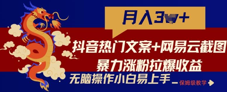 抖音热门文案+网易云截图暴力涨粉拉爆收益玩法，小白无脑操作，简单易上手【揭秘】-E网资源