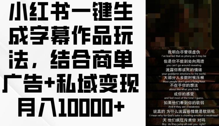 小红书一键生成字幕作品玩法，结合商单广告+私域变现月入1w+【揭秘】-E网资源