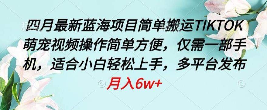 四月最新蓝海项目，简单搬运TIKTOK萌宠视频，操作简单方便，仅需一部手机【揭秘】-E网资源