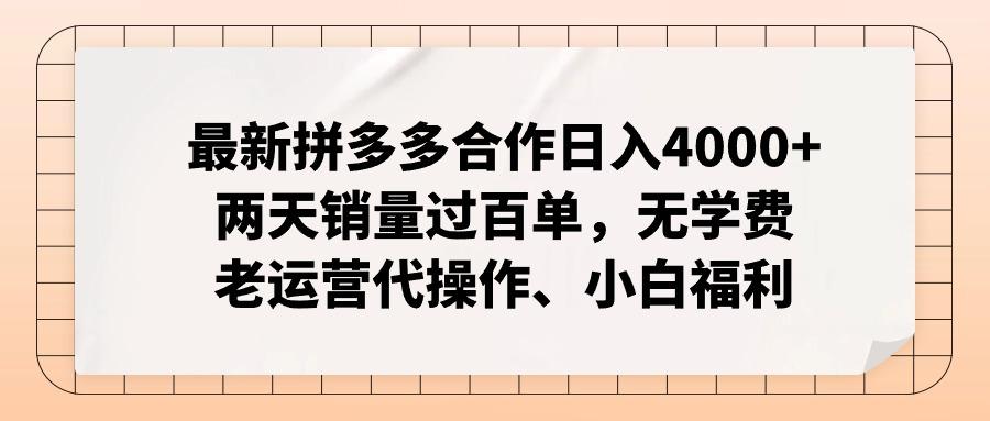 最新拼多多合作日入4000+两天销量过百单，无学费、老运营代操作、小白福利-E网资源