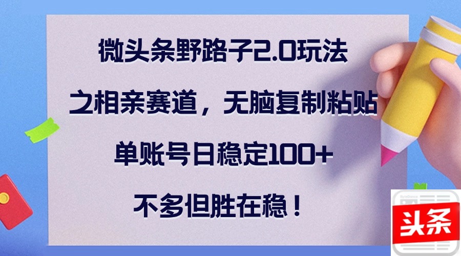 微头条野路子2.0玩法之相亲赛道，无脑复制粘贴，单账号日稳定100+，不…-E网资源