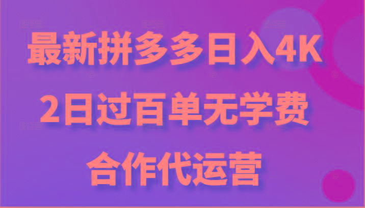最新拼多多，日入4K+，2日过百单无学费，合作代运营-E网资源