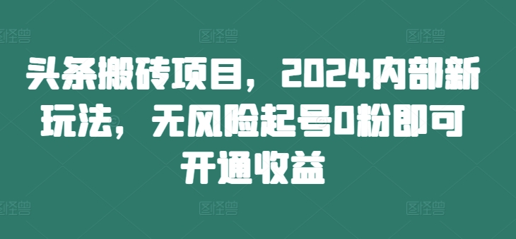 头条搬砖项目，2024内部新玩法，无风险起号0粉即可开通收益-E网资源
